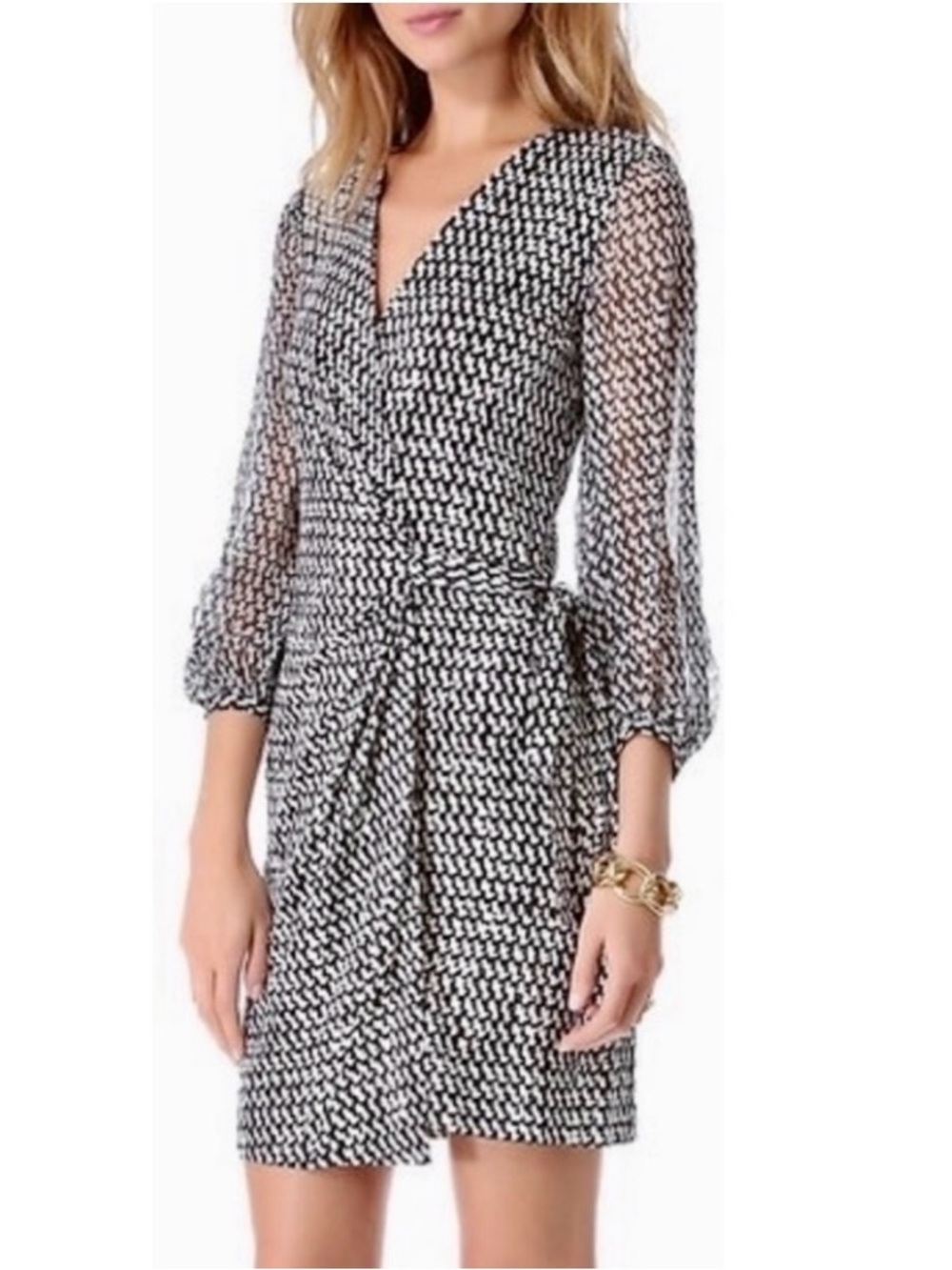 Diane Von Furstenburg Dark Navy Geometric Sheer silk sleeves Wrap Dress size 8